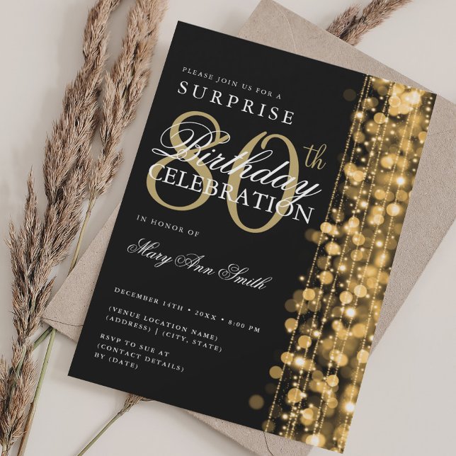 Elegant Surprise 80 Birthday Sparkles Guld Inbjudningar (Elegant Surprise 80th Birthday Sparkles Gold Invitation)
