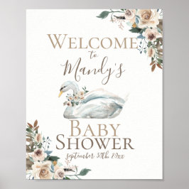 Elegant Svan Blommigt Neutralt Baby Shower Välkomm Poster