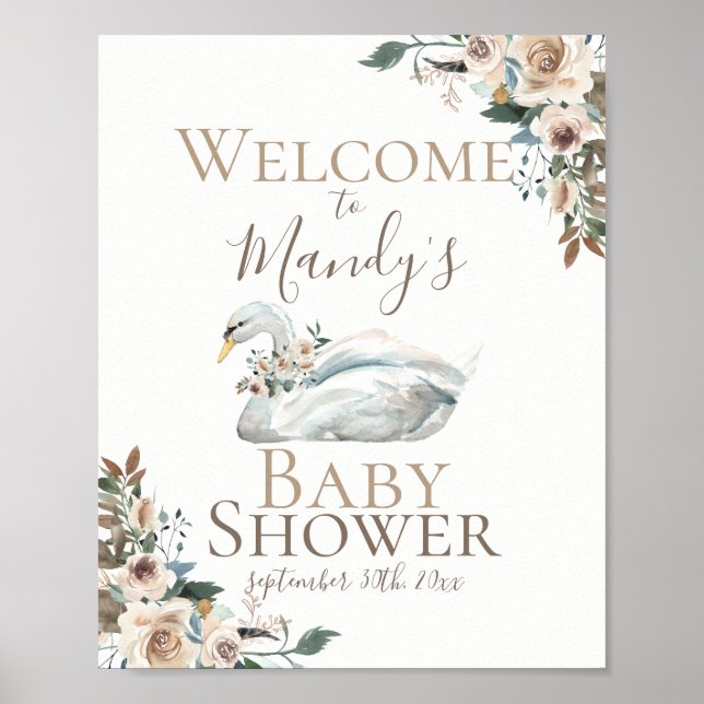 Elegant Svan Blommigt Neutralt Baby Shower Välkomm Poster (Framsidan)