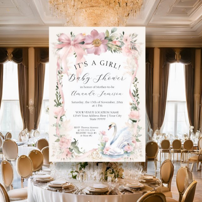 Elegant Svan Blommigt  Rosa Banderonbabyskor för b Inbjudningar (Skapare uppladdad)