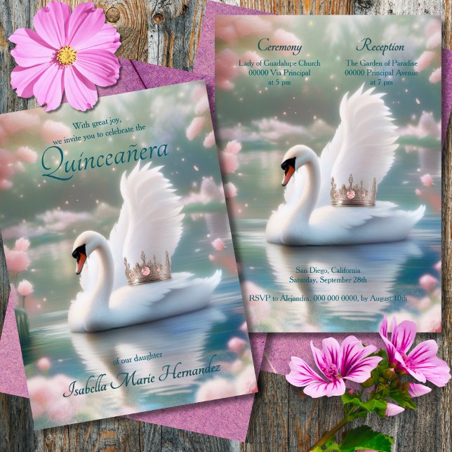 Elegant Svan Butterflies Rosa Tiara Quinceañera Inbjudningar (Skapare uppladdad)