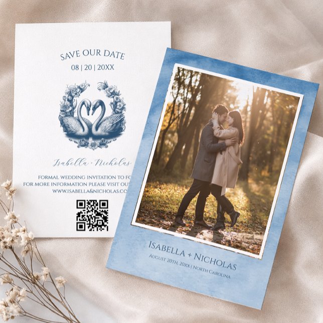 Elegant svan foto spara datum-kort inbjudningar (Save Our Date - Romantic Request)