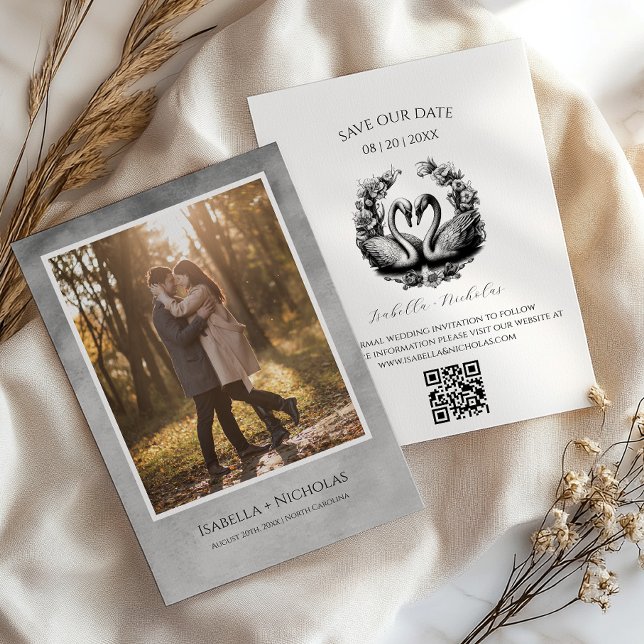 Elegant Svan-fotospara datum Inbjudningar (Black & White Save The Date)