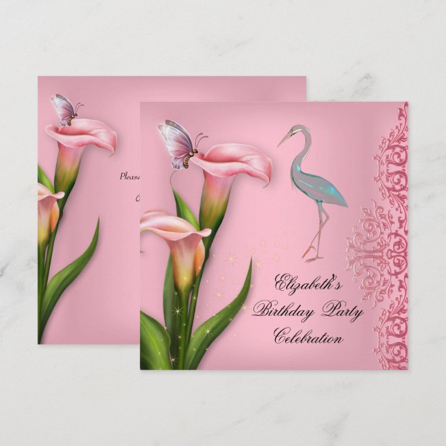 Elegant svan rosa calla lilja blomster födelsedags inbjudningar (Fram/baksida)