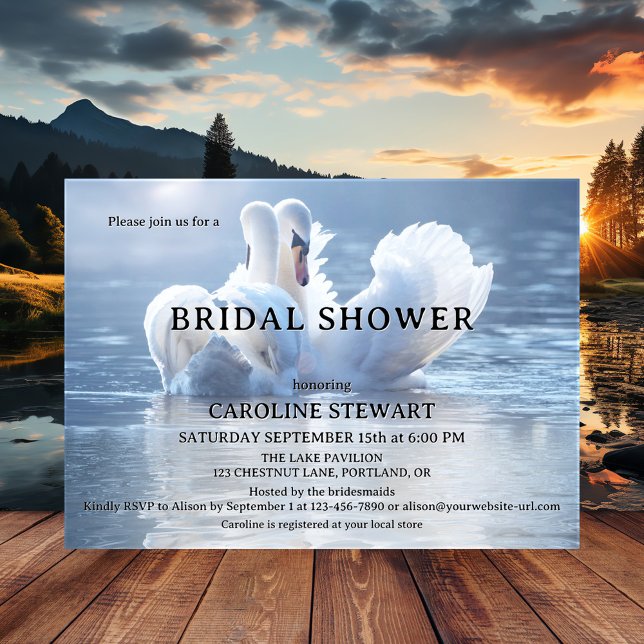 Elegant Svan Sjö Inbjudningskort för möhippan (Elegant dreamy bridal shower invitation featuring two swans in love on a hazy sunlit lake)