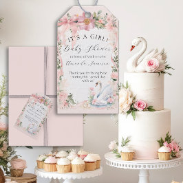 Elegant Svanar Rosa Ribbon Blommigt Flicka Shower Presentetikett