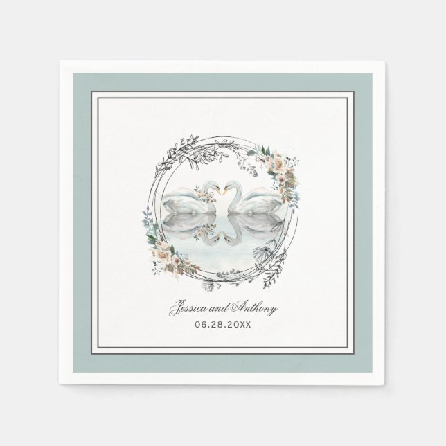 Elegant Svanar Watercolor Blommigt Bröllop Pappersservett (Framsidan)
