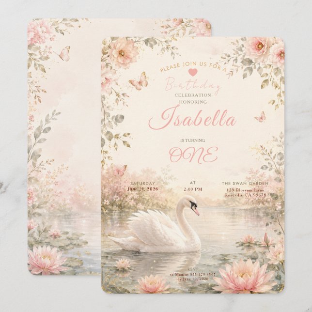 Elegant Svansjön-födelsedag Inbjudningar (Fram/baksida)