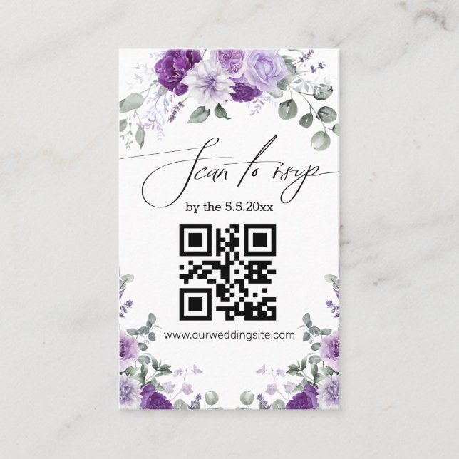 elegant svar QR-kod bröllop lila blommig kort (Framsida)