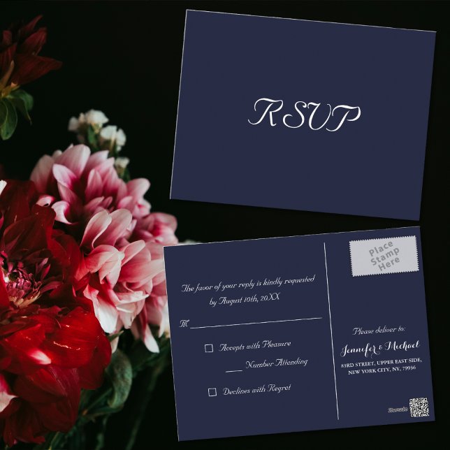 Elegant SvarsOSA för Bröllop vid flottan blå Party Vykort (Elegant Navy Blue Party Wedding Response RSVP Postcard)