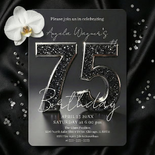 Elegant svart 3D glitter gnist 75-årsdag Inbjudningar