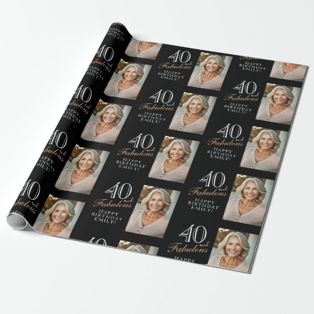 Elegant svart 40 och fantastisk 40-års födelsedags presentpapper (Utrullad)