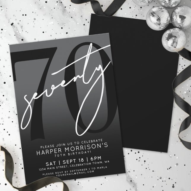 Elegant svart 70-årsfest inbjudningar (Elegant Black 70th Birthday Party Invitation)