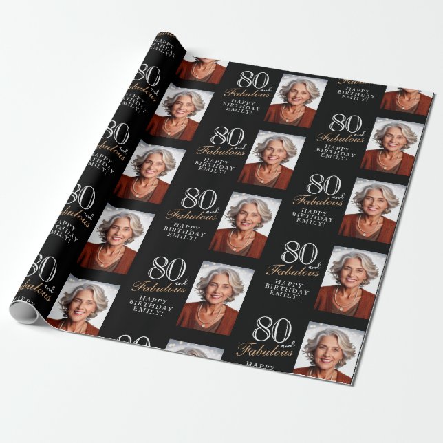 Elegant svart 80 och fantastisk 80-års fotofirande presentpapper (Utrullad)