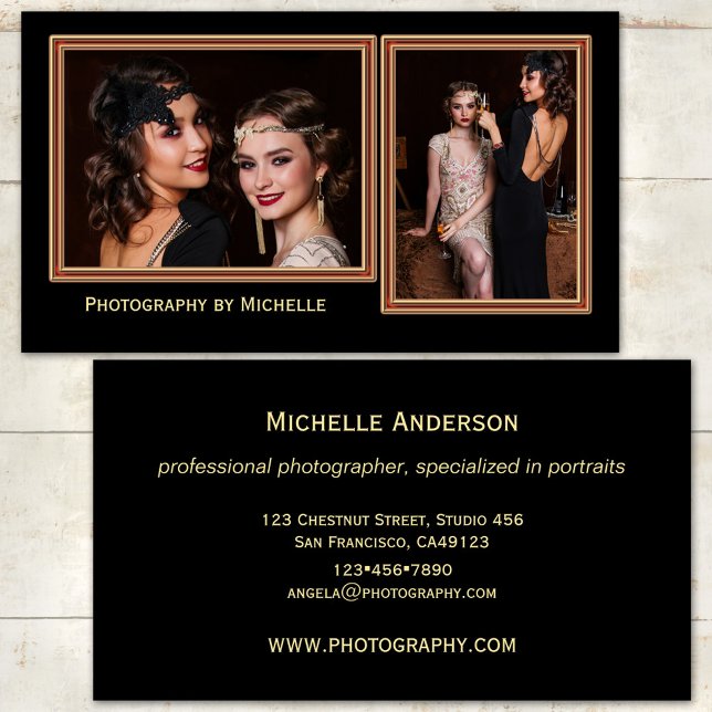 Elegant svart affärsbricka för fotografer visitkort (Photographer business card featuring your photos framed by a rose gold lining on black )