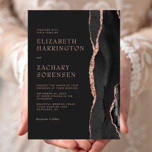 Elegant svart agat roséguld vigselring inbjudningar