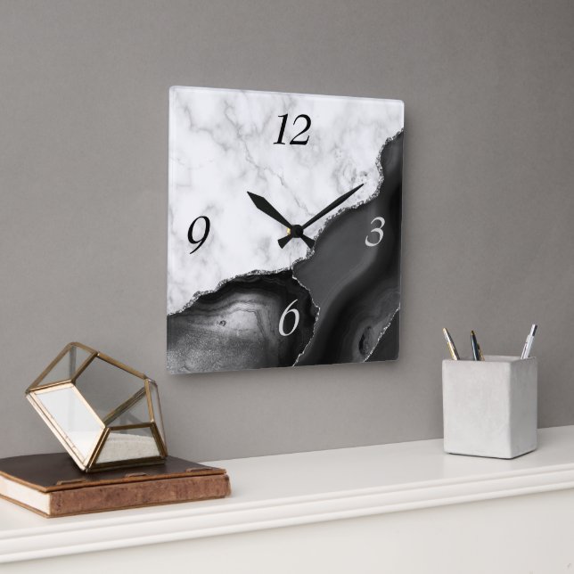 Elegant svart agat silver glitter marmor fyrkantig klocka (Kontor)