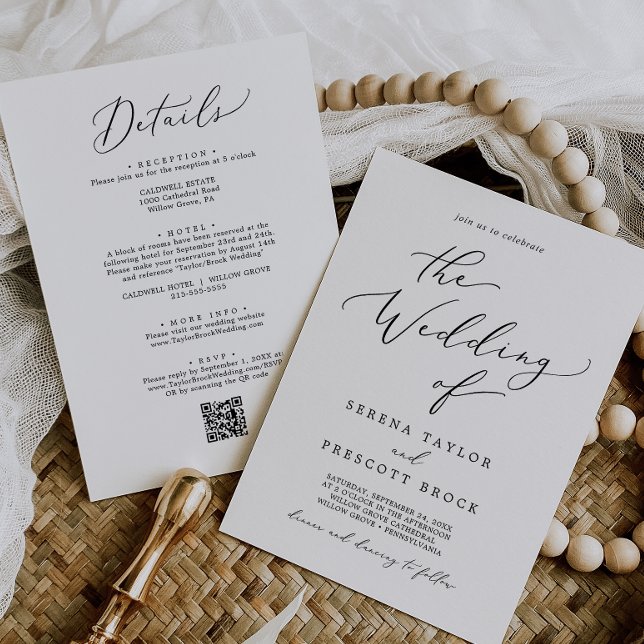 Elegant svart allt-i-ett QR-kod bröllop Inbjudningar (Delicate Black All In One QR Code Wedding Invitation)