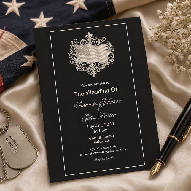 Elegant svart amerikansk flagg militär bröllop  inbjudningar (Skapare uppladdad)