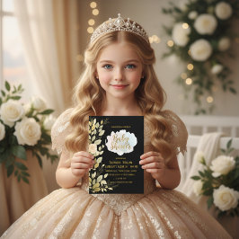 Elegant svart babyfest-inbjudan med guldblommor inbjudningar