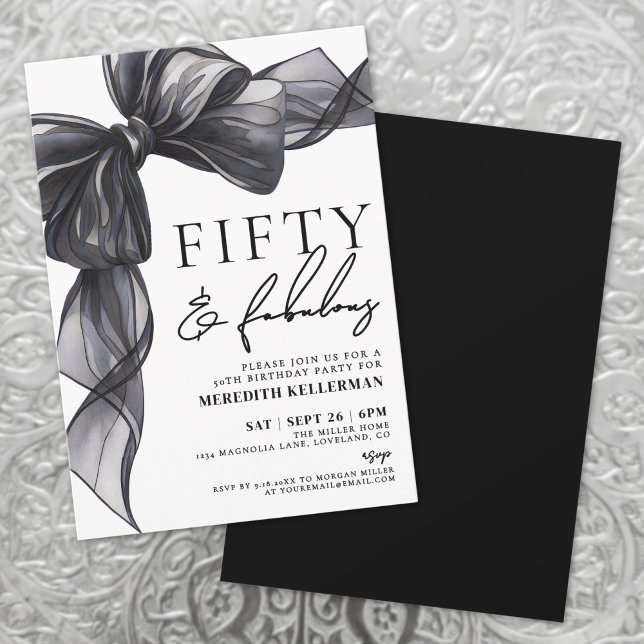 Elegant svart båge Femtio & fantastisk 50-årsdag Inbjudningar (Elegant Black Bow Fifty & Fabulous 50th Birthday Invitation)