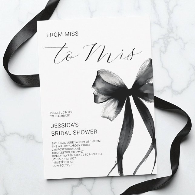 Elegant svart båge från Fröken till Mrs Bröllopsdu Inbjudningar (Elegant Black Bow From Miss to Mrs Bridal Shower Invitation)
