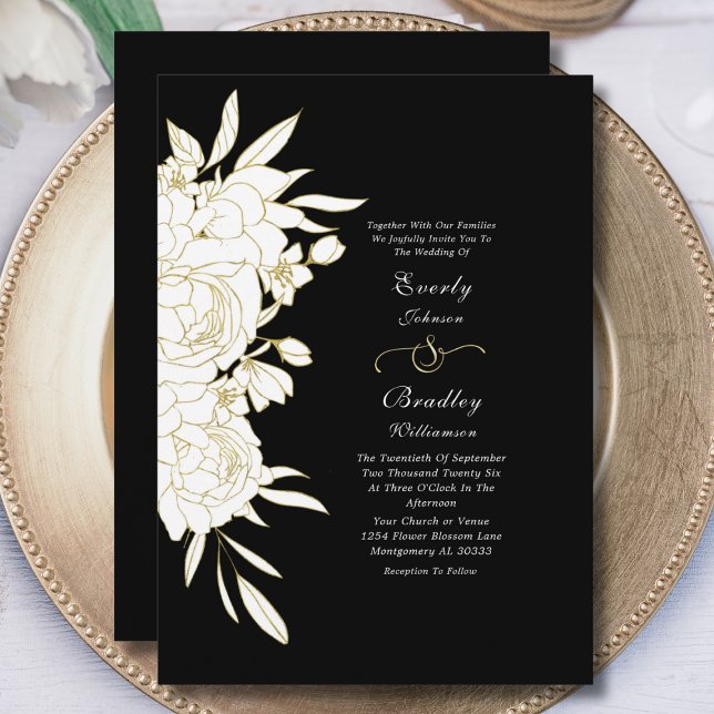 Elegant svart bakgrund guld vit blomsterbröllop inbjudningar (Skapare uppladdad)