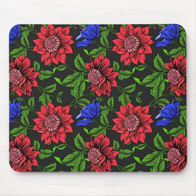 Elegant - svart bakgrund med rött och blå blomma musmatta (Framsidan)