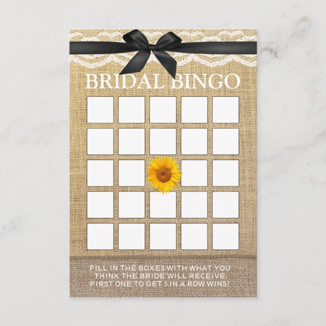 Elegant svart band solros burlap bröllopsbingo (Framsida)