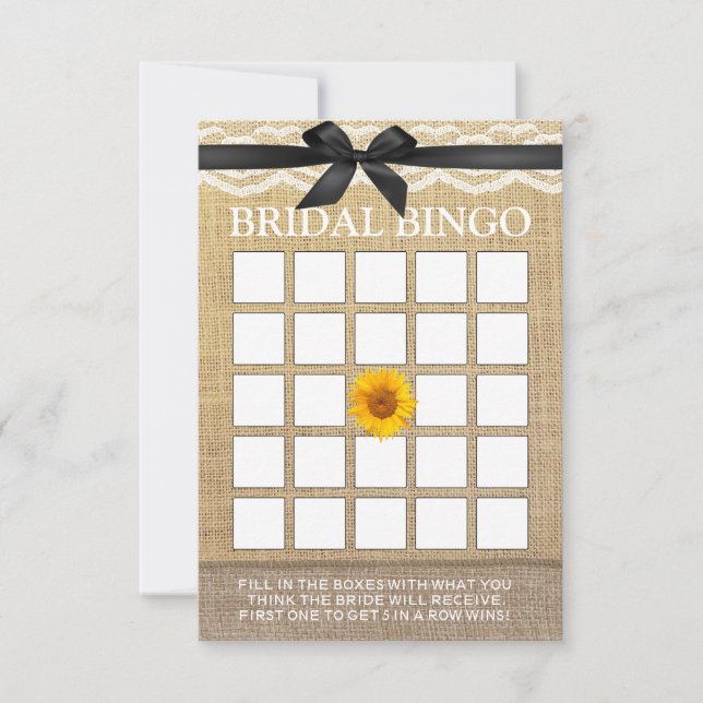 Elegant svart band solros jute bröllopsbingo (Framsida)