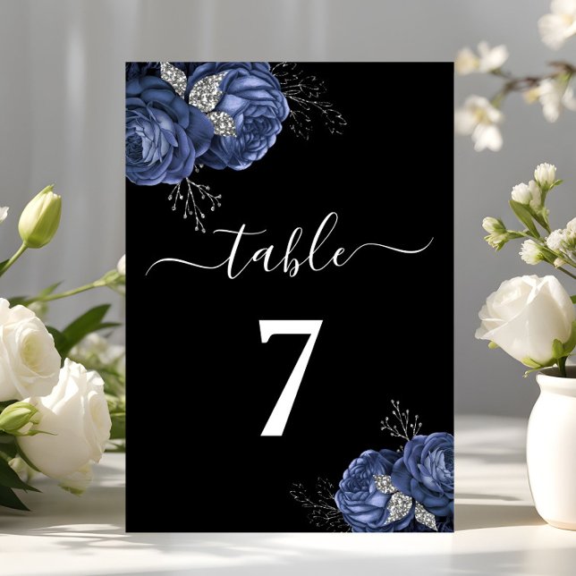 Elegant svart blå Blommigt Bordsnummer (Elegant Black Blue Floral Table Number)