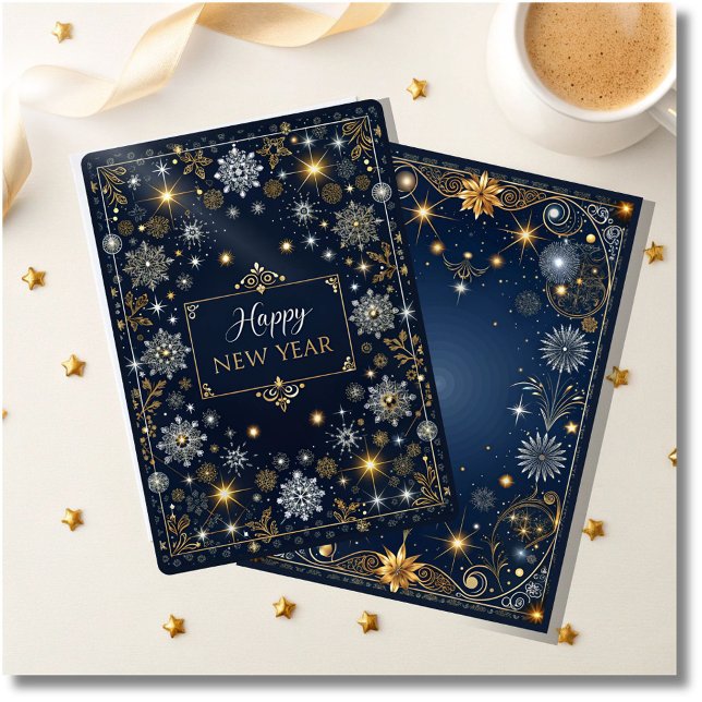 Elegant svart, blå & guld Gott Nytt År Julkort (elegant blue and gold happy new year card, sophisticated holiday greeting card, stylish new y)