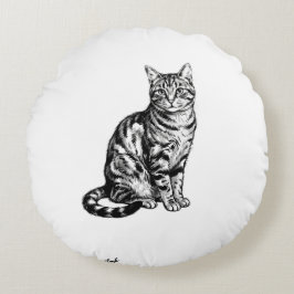 Elegant svart bläck katt skiss illustration PNG Rund Kudde