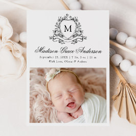 Elegant svart blomkrans monogram 4 foto födelsekor meddelande