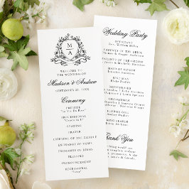 Elegant svart blomkrans monogram bröllop program