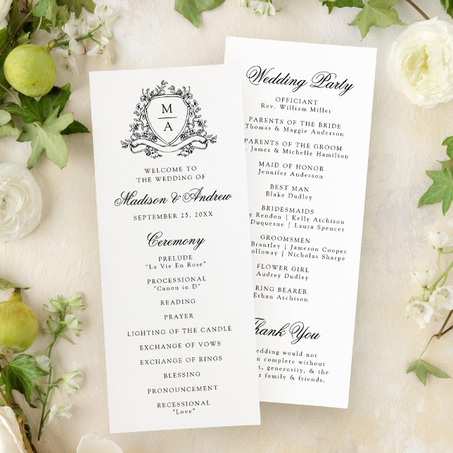 Elegant svart blomkrans monogram bröllop program (Skapare uppladdad)
