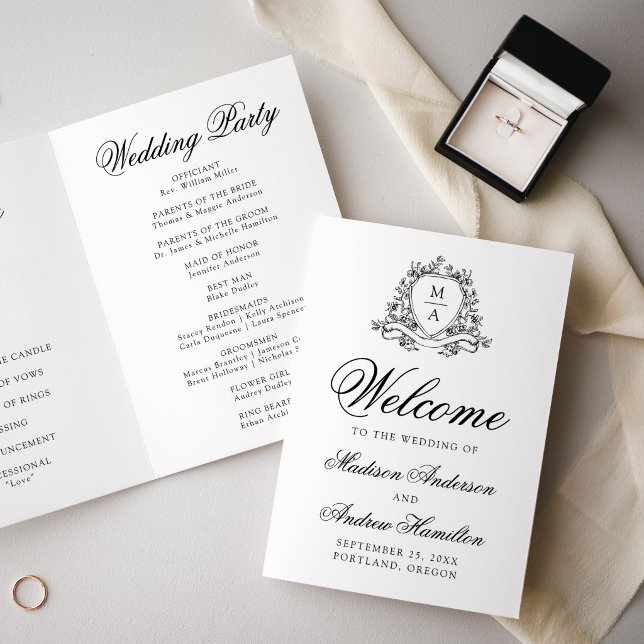 Elegant svart blomkrans monogram bröllop program (Skapare uppladdad)