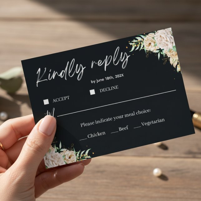 Elegant svart blommig bröllops-RSVP-kortmall OSA Kort (Skapare uppladdad)