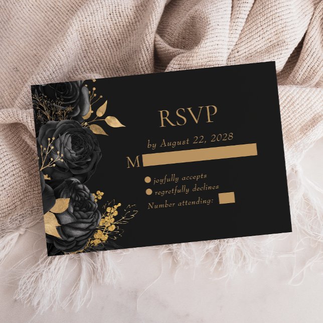Elegant svart blommig guld mörk bröllop OSA kort (Skapare uppladdad)
