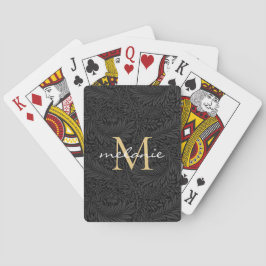 Elegant svart blommig guld skript monogram casinokort