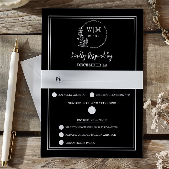 Elegant svart blommig monogram svarskort OSA kort (Elegant Black Floral Monogram RSVP Wedding Response Card)