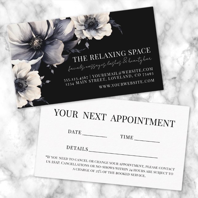 Elegant svart blommig påminnelsekort för avtalade  visitkort (Elegant Black Floral Appointment Reminder Card)