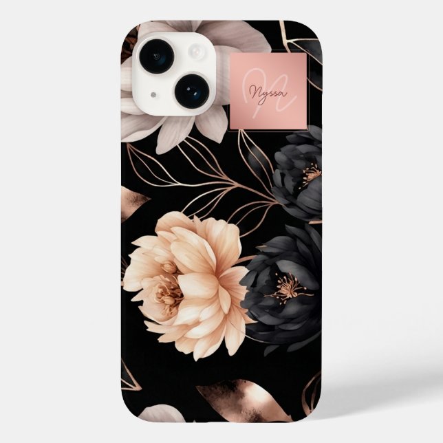 Elegant svart blommig ros mönster monogram namn  (Baksida)