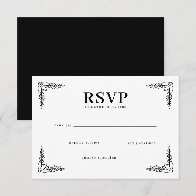 Elegant Svart Blommig RSVP OSA Kort (Fram/baksida)