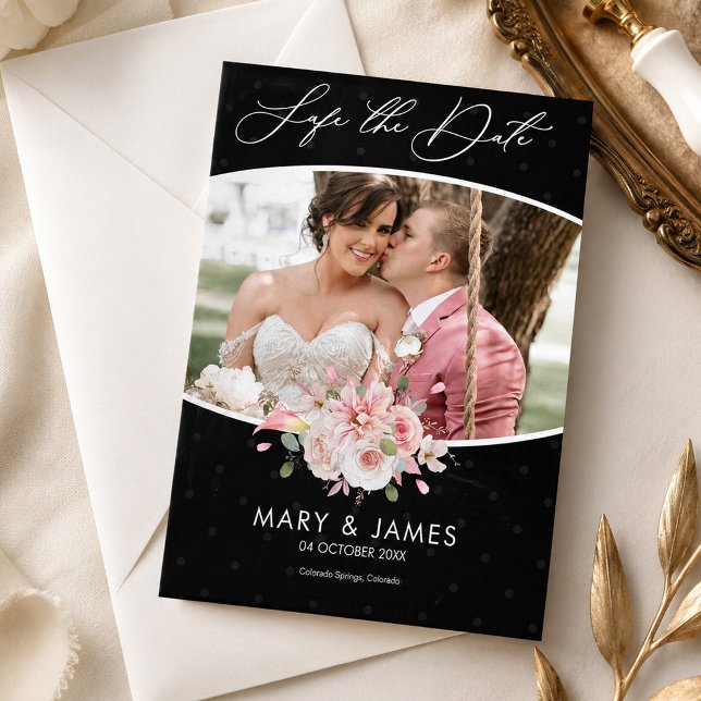 Elegant svart blommig Spara datum Bröllopsinbjudan Datumet (Elegant Black Floral Save the Date Wedding Invite, Wedding Announcement, Photo Save the Date)