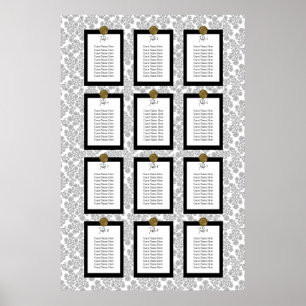 Elegant svart blommig Toile sittplatskarta Poster