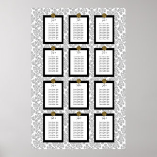 Elegant svart blommig Toile sittplatskarta Poster
