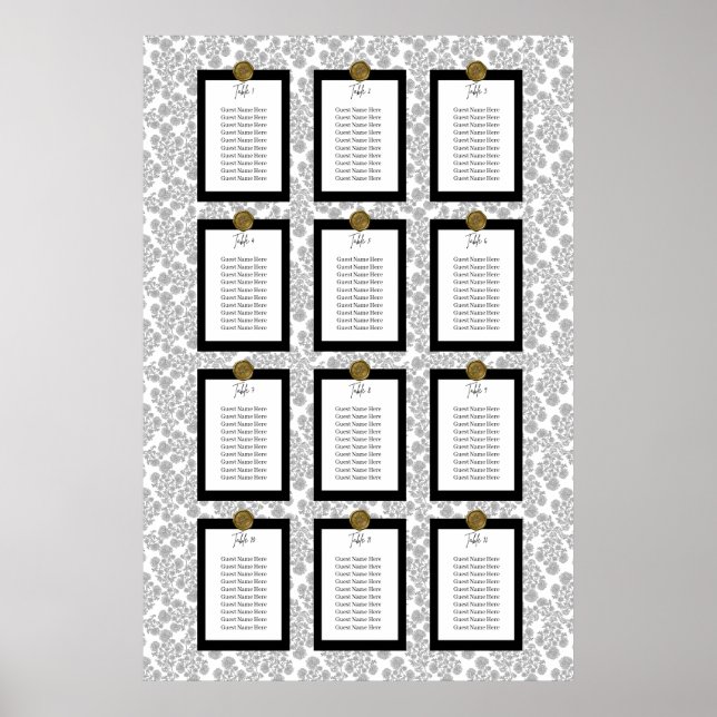 Elegant svart blommig Toile sittplatskarta Poster (Framsidan)