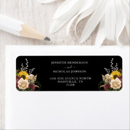 Elegant svart blommig vigsel returadress etikett