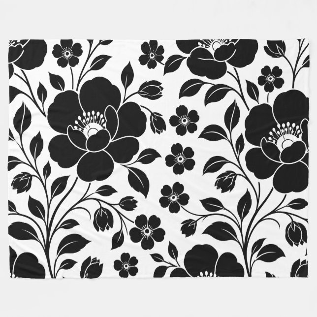Elegant svart blommönster fleecefilt (Framsidan (Horisontell))